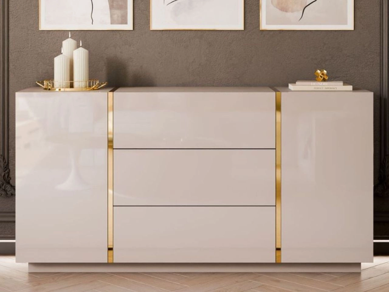 Dwudrzwiowa komoda 158 cm z trzema szufladami Lunelie kaszmir połysk