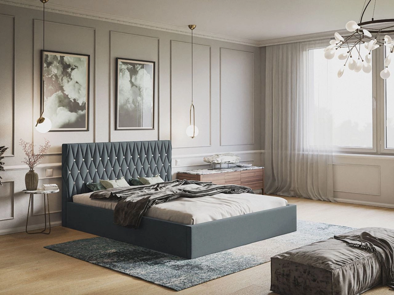 Łóżko tapicerowane z pojemnikiem i stelażem 160x200 Benny szare