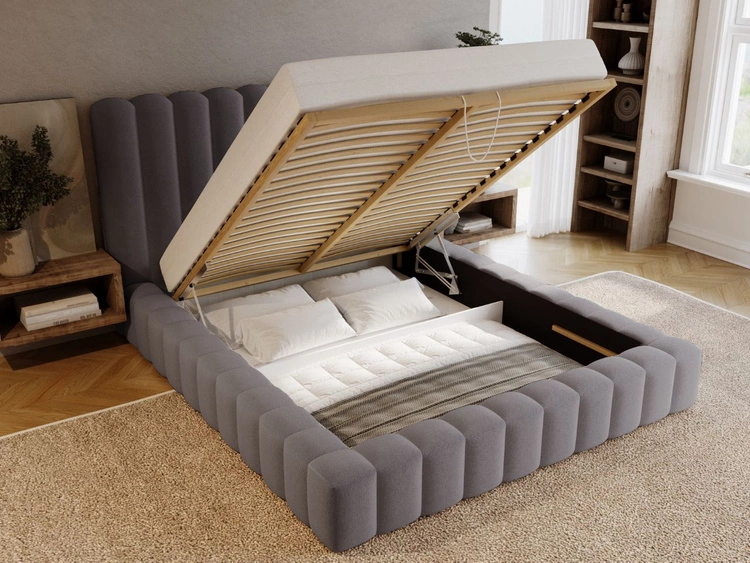 Łóżko tapicerowane z pojemnikiem i stelażem 120x200 cm Rotto Szare