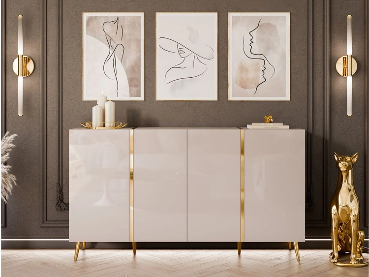 Czterodrzwiowa komoda 158 cm w stylu glamour na złotych nogach Lunelie kaszmir połysk
