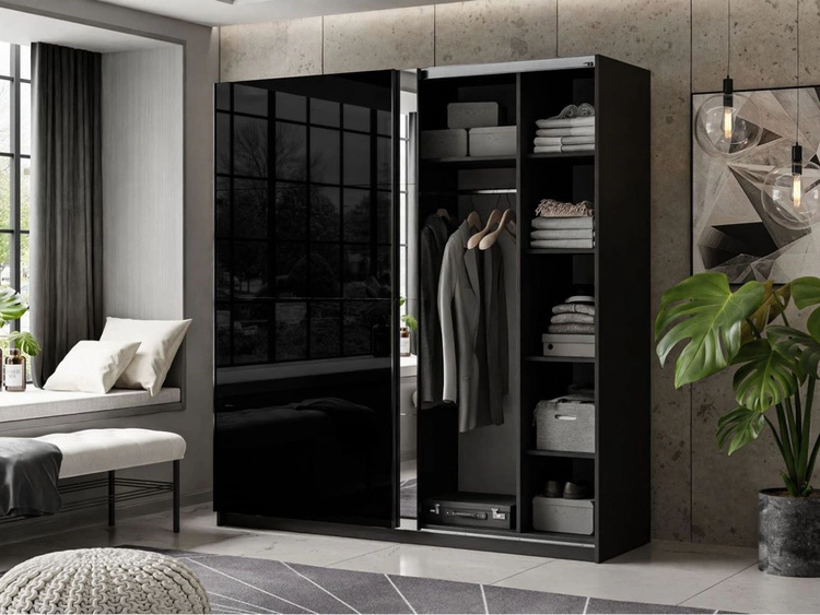 Szafa dwudrzwiowa z drzwiami przesuwnymi i lustrem 194 cm Nuveo Czarny połysk