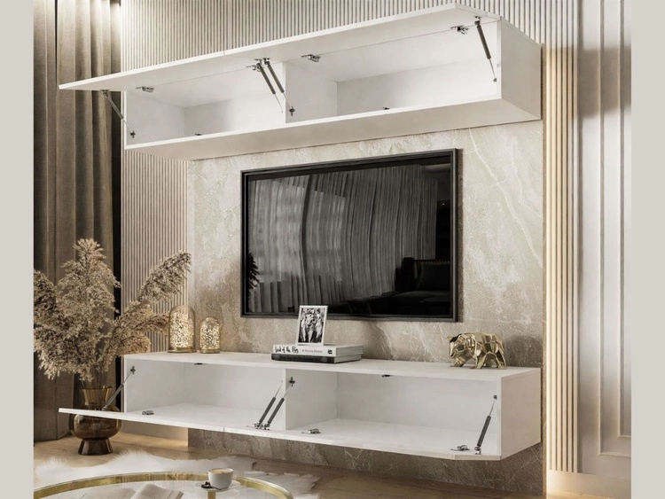 Wisząca meblościanka z oświetleniem LED do salonu Sorelle Biały połysk