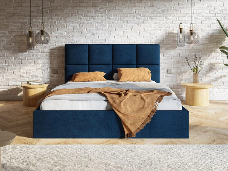 Łóżko tapicerowane z pojemnikiem i stelażem 140x200 Malo ciemnoniebieskie