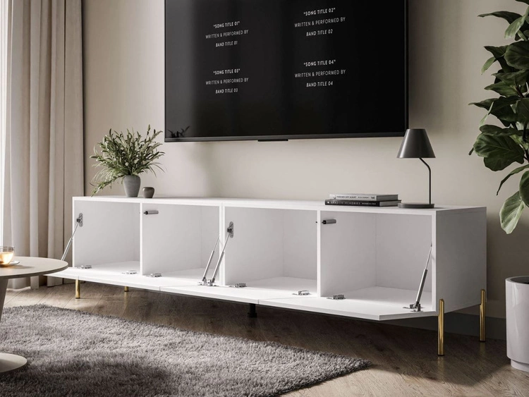 Szafka RTV pod telewizor z drzwiczkami na złotych nóżkach 200 cm Nodoo Biały połysk