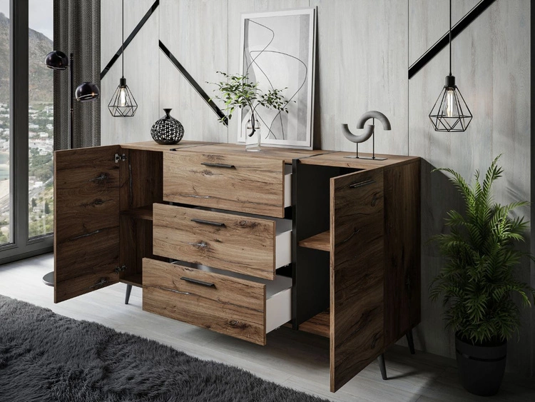 Dwudrzwiowa komoda 158 cm z trzema szufladami i czarnymi uchwytami Lunelie dąb Flagstaff
