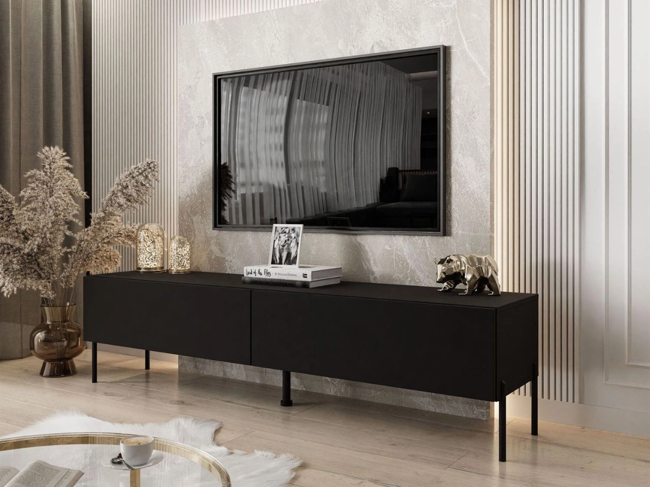 Szafka RTV dwudrzwiowa na czarnych nóżkach 175 cm z oświetleniem LED Sorelle Czarny mat