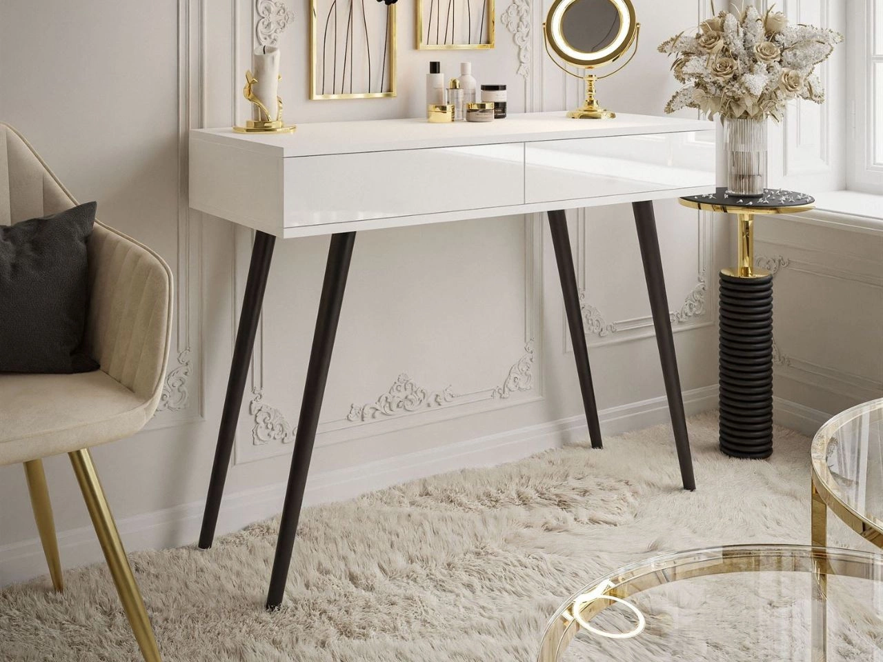 Konsola glamour z szufladami i czarnymi nogami Olivine biały połysk