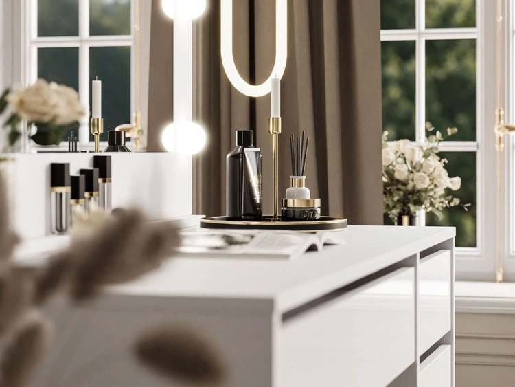 Toaletka glamour z lustrem, szufladami i oświetleniem LED Melo biały połysk