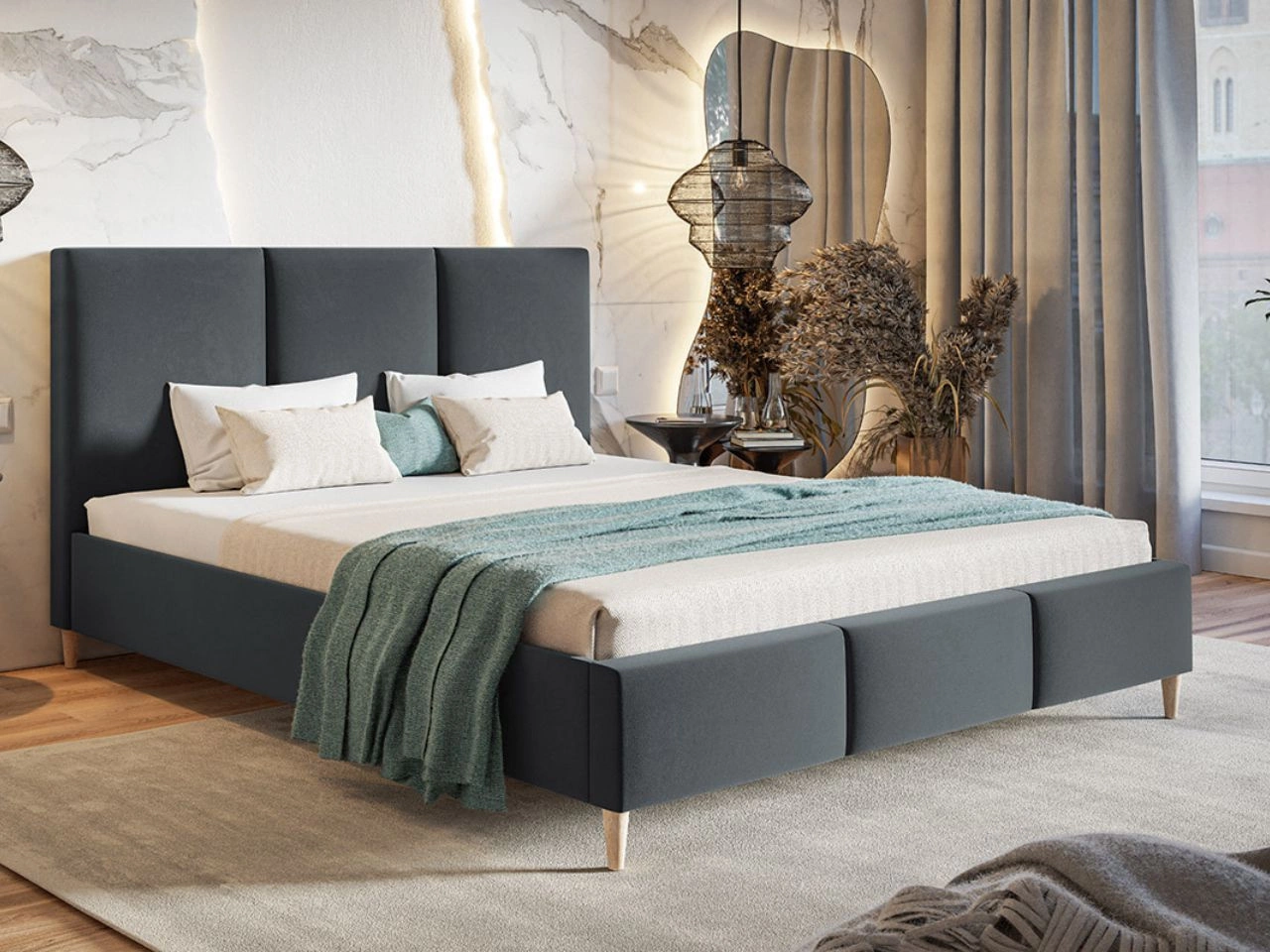 Łóżko tapicerowane ze stelażem 180x200 Trio Ciemny szary