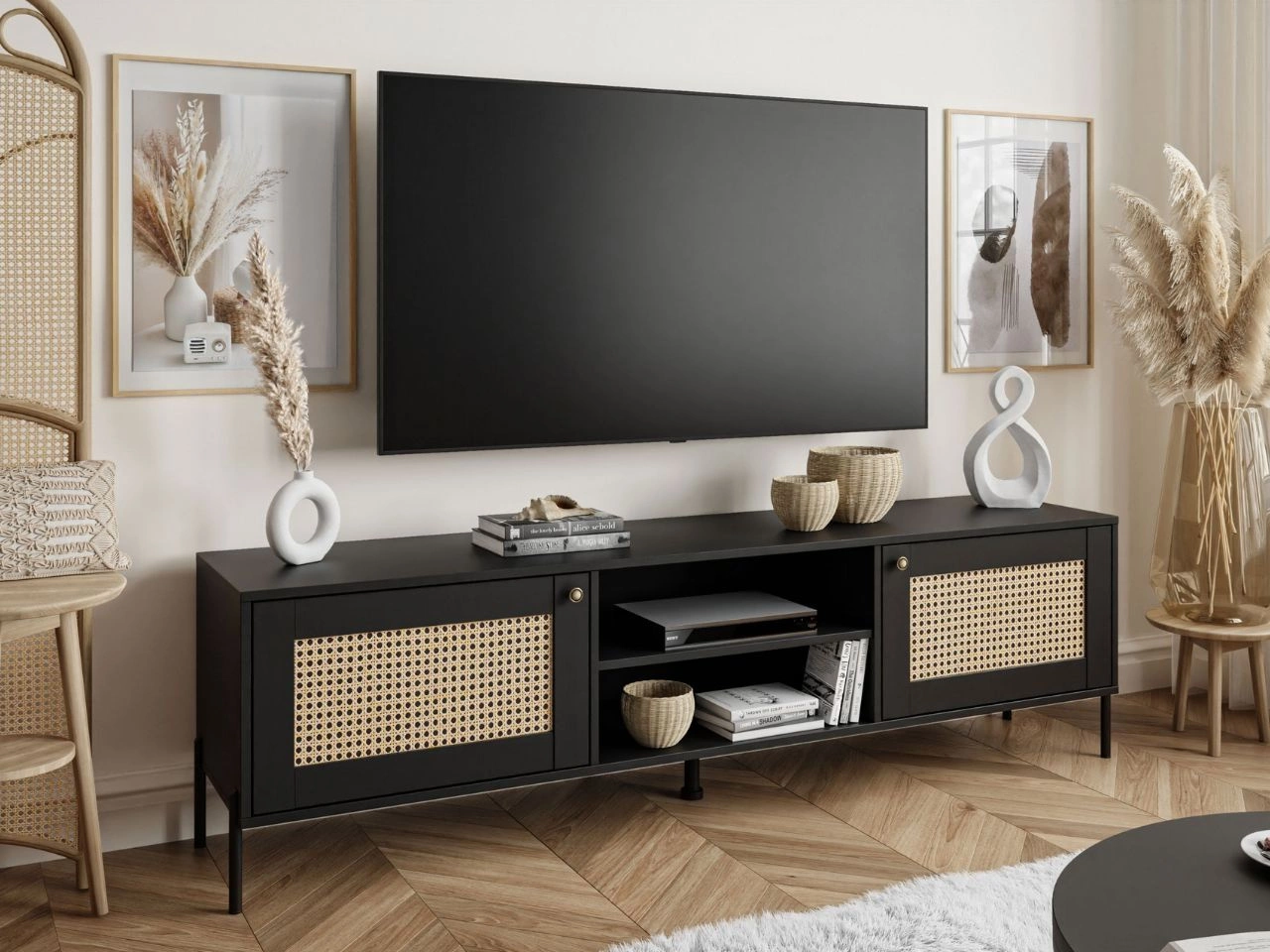 Szafka RTV boho dwudrzwiowa na metalowych nogach Bellance czarna