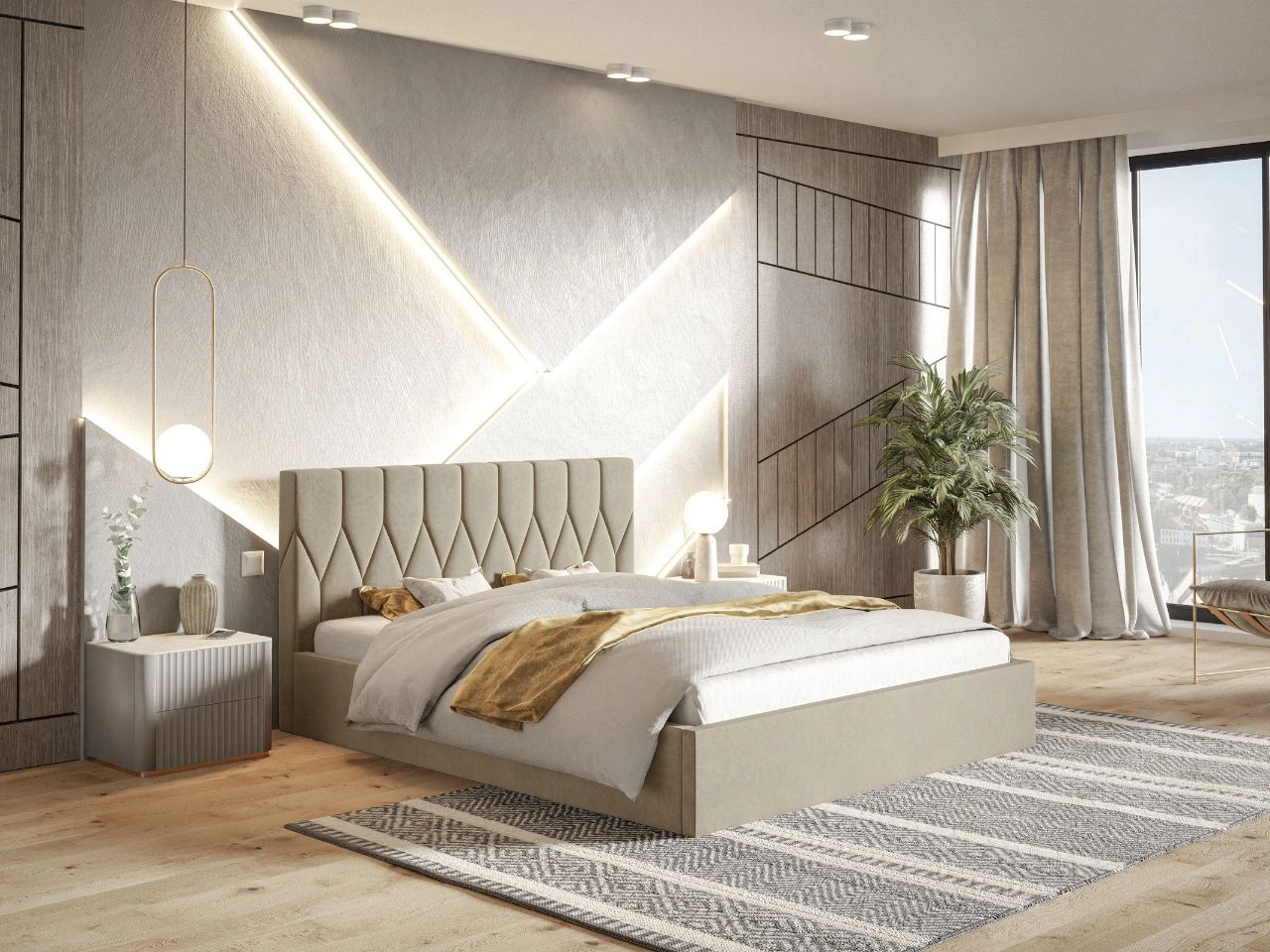 Łóżko tapicerowane z pojemnikiem i stelażem 140x200 Gaja Beżowe