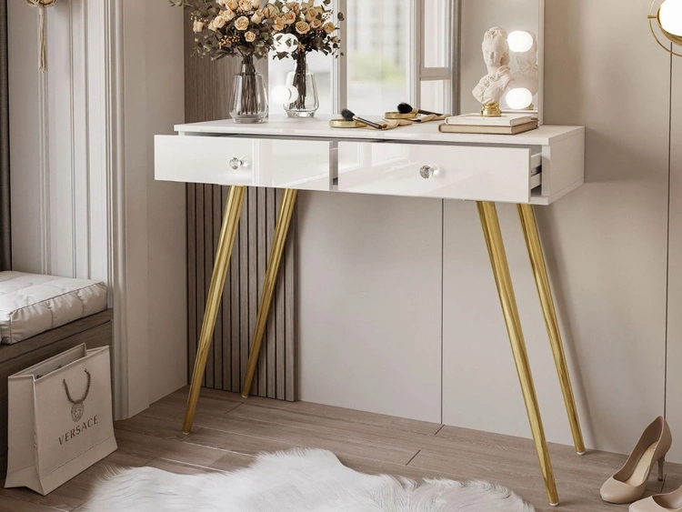 Toaletka kosmetyczna w stylu glamour z szufladami z kryształowymi uchwytami i oświetleniem LED Olivine Elite biały połysk