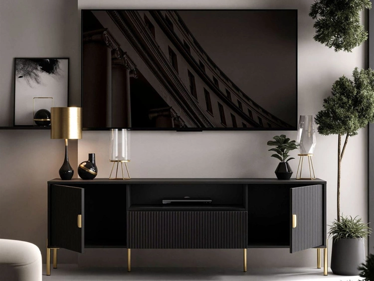 Szafka RTV szeroka dwudrzwiowa na złotych nogach z szufladą Orlean czarny mat