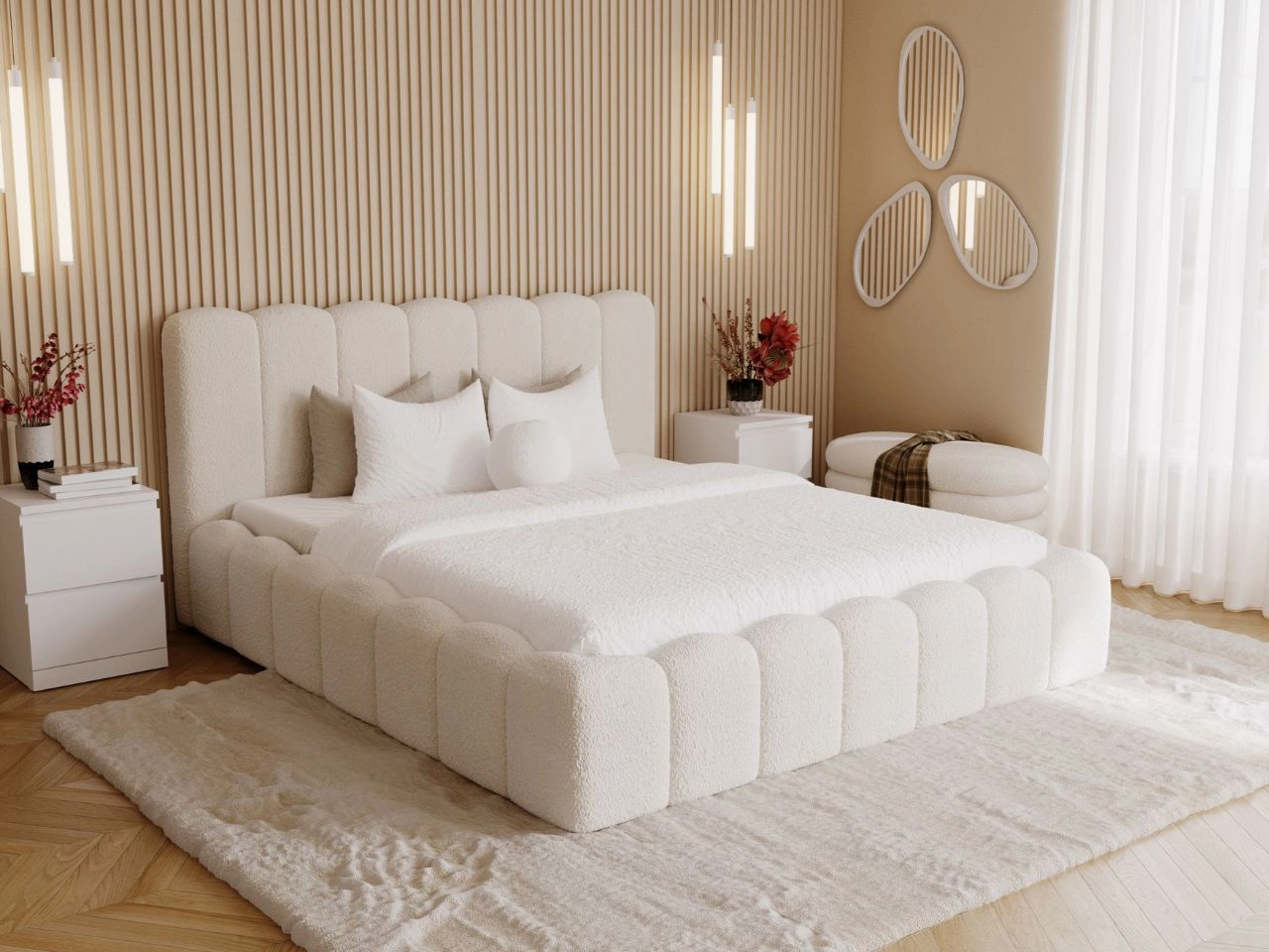 Łóżko tapicerowane z pojemnikiem i stelażem 180x200 Smile Kremowe