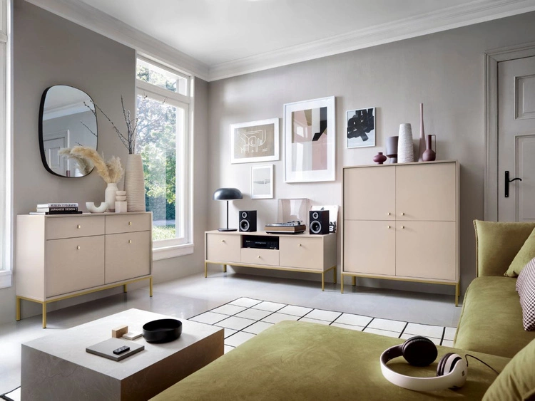 Komoda z drzwiami i szufladami na złotych nóżkach 104 cm Amor Beż piaskowy