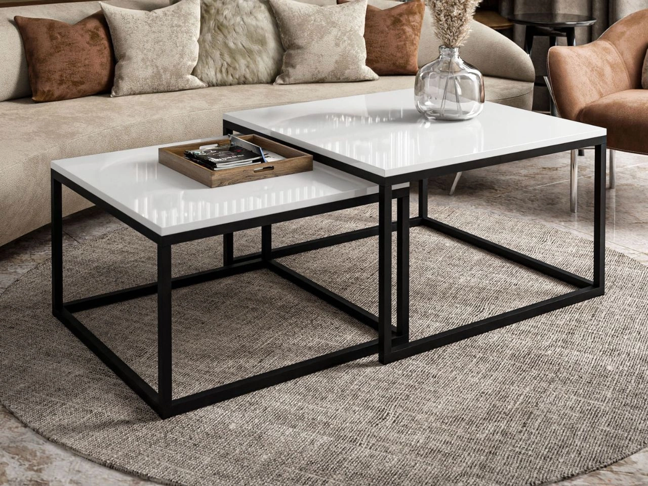 Stolik kawowy na czarnym stelażu Asumi Biały Połysk 36x42