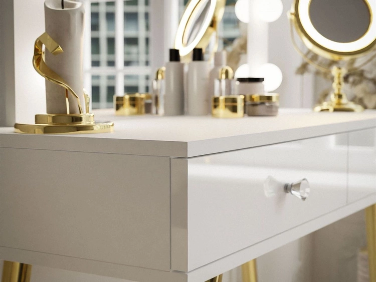 Toaletka glamour z szufladami, lustrem i oświetleniem LED Olivine biały połysk