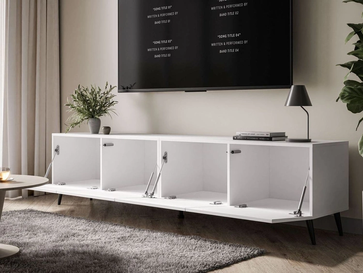 Szafka RTV pod telewizor z drzwiczkami na czarnych nóżkach 200 cm Nodoo Biały połysk