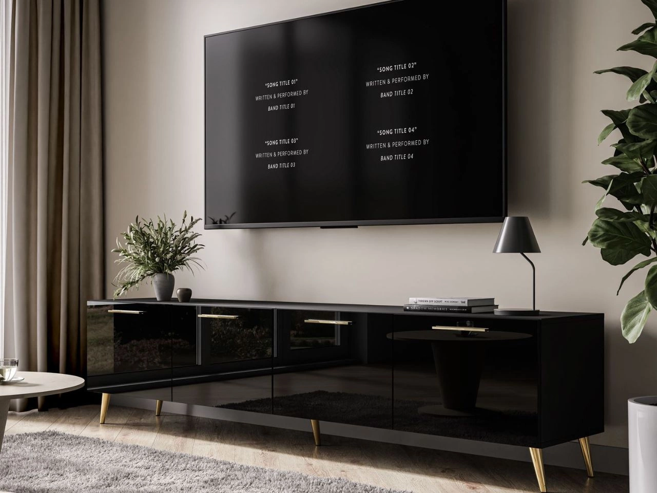 Szafka RTV pod telewizor z drzwiczkami na złotych nóżkach 200 cm Noaé Czarny Połysk