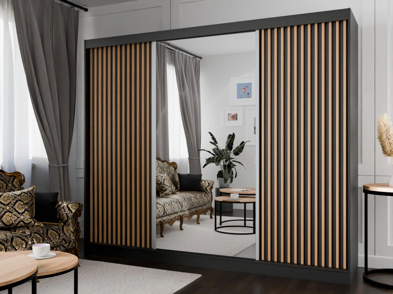 Szafa przesuwna z lustrem i lamelami 250 cm Loreto Czarna