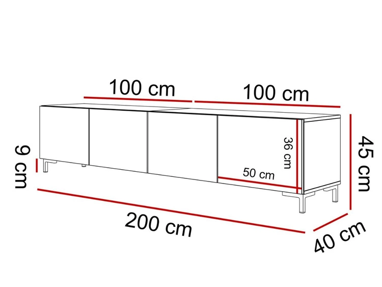 Szafka RTV pod telewizor z drzwiczkami na złotych nóżkach 200 cm Nodoo Biały połysk