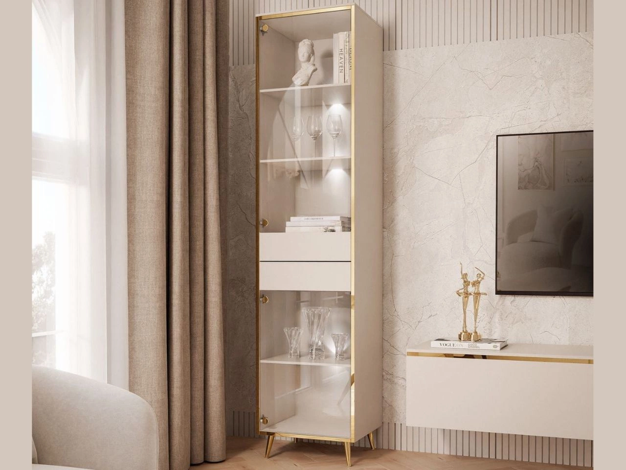 Witryna z szufladami szklana w stylu glamour z oświetleniem LED Evare kaszmir
