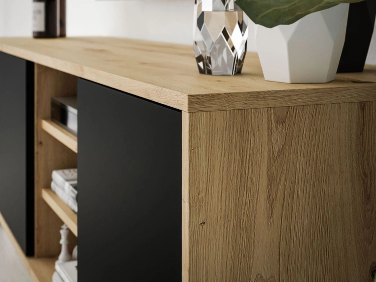 Szafka RTV pod telewizor z drzwiczkami i czarnymi nogami Vivance Czarny i dąb artizan