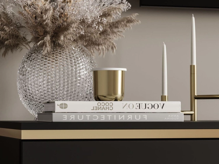 Szafka RTV czterodrzwiowa w stylu glamour z oświetleniem LED Celle czarny mat