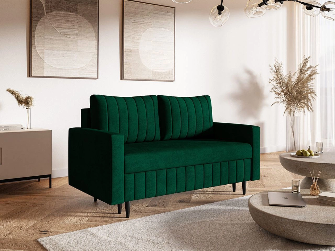 Kanapa z funkcją spania i pojemnikiem na pościel Castelo zielona