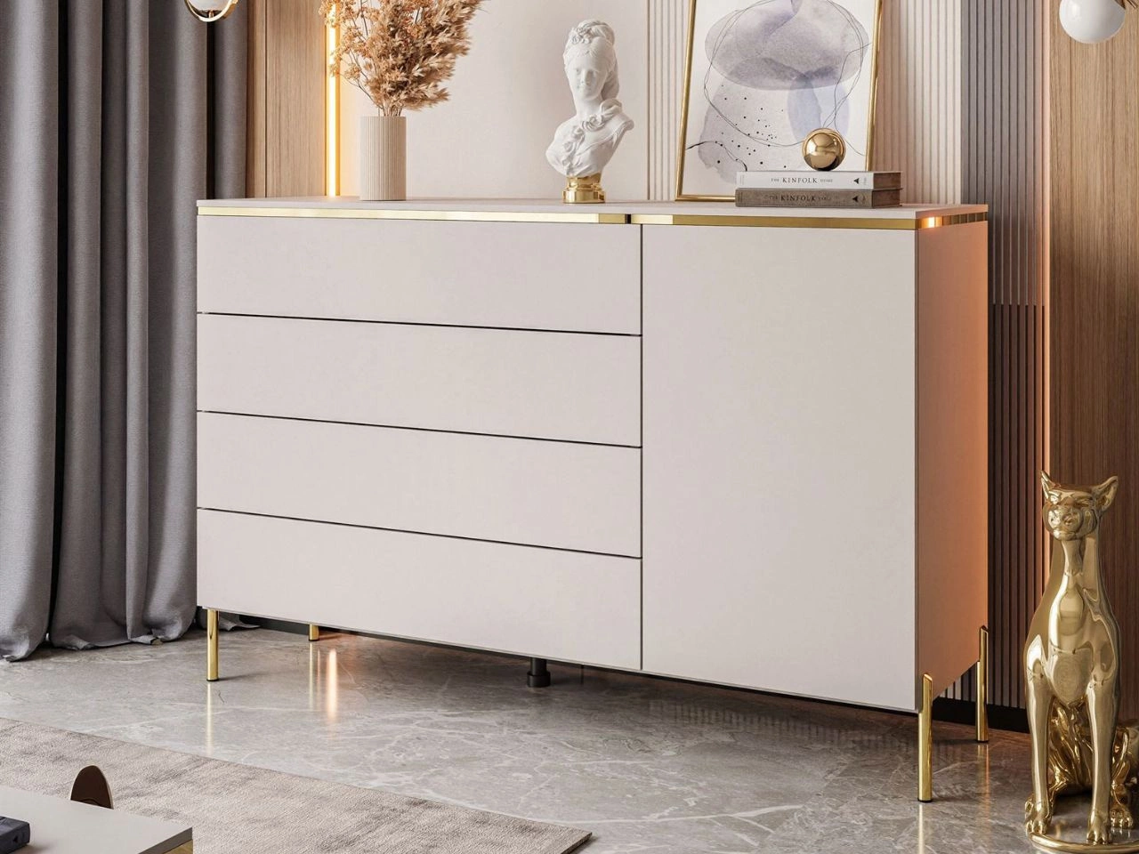 Komoda glamour z czterema szufladami na złotych nogach Evare Kaszmir