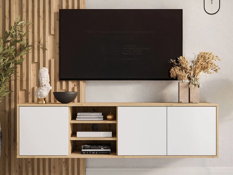 Szafka RTV pod telewizor wisząca z drzwiczkami Vivance Biały i dąb artisan