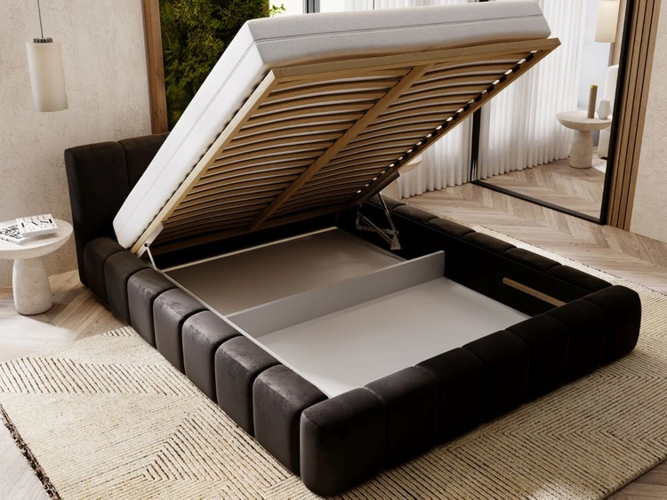 Łóżko tapicerowane z pojemnikiem i stelażem 160x200 Split Czarny