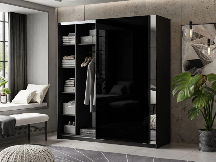 Szafa dwudrzwiowa z drzwiami przesuwnymi i lustrem 194 cm Nuveo Czarny połysk