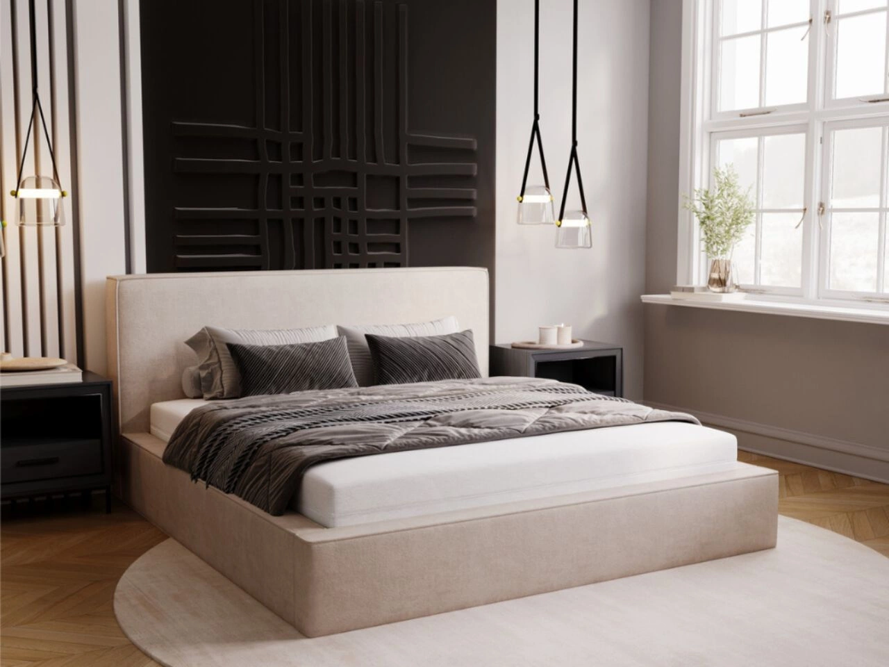 Łóżko tapicerowane z pojemnikiem i stelażem 160x200 Monaco Beżowe