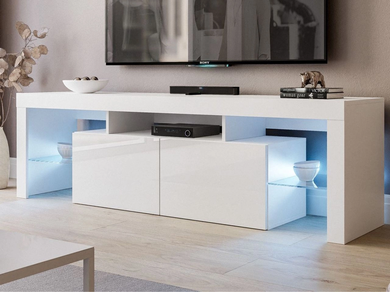 Wisząca szafka RTV pod telewizor z drzwiczkami z nadstawką  Nodoo Biały połysk