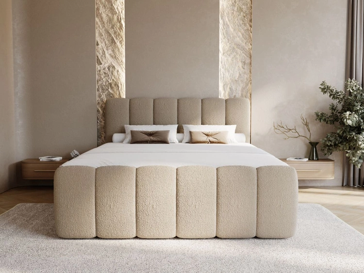 Łóżko kontynentalne z pojemnikiem na pościel 180x200 w tkaninie bouclé Cloud Brązowe