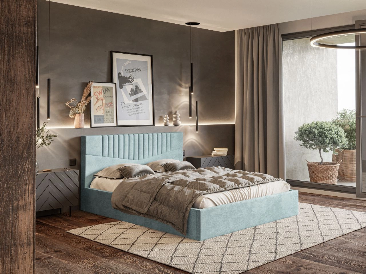 Łóżko tapicerowane z pojemnikiem i stelażem 180x200 Lido jasny niebieski