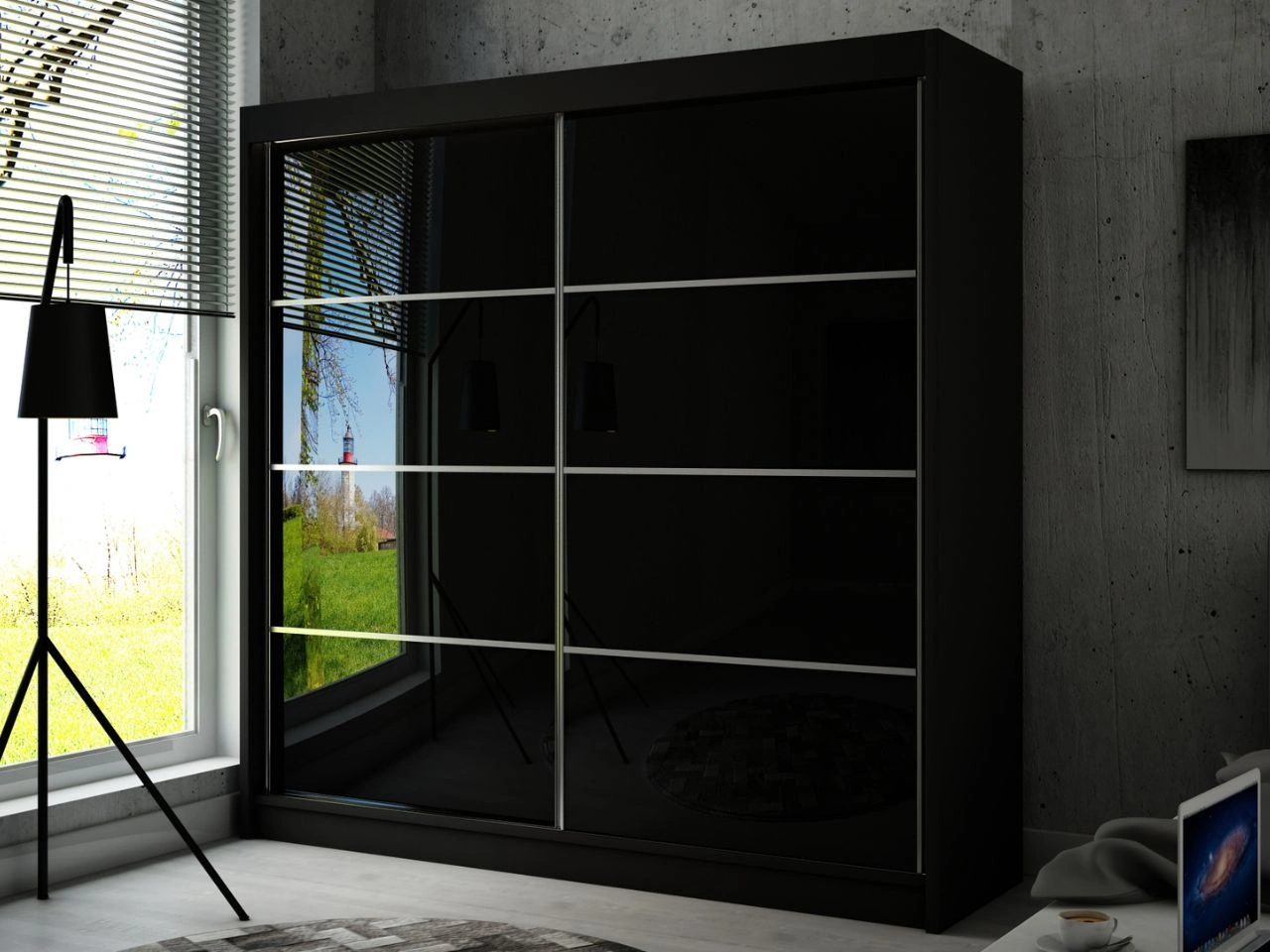 Szafa przesuwna ze szprosami 200 cm z oświetleniem LED Ponti Czarna