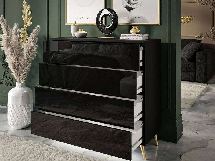 Komoda z czterema szufladami i oświetleniem LED na złotych nóżkach Nuveo Czarny połysk