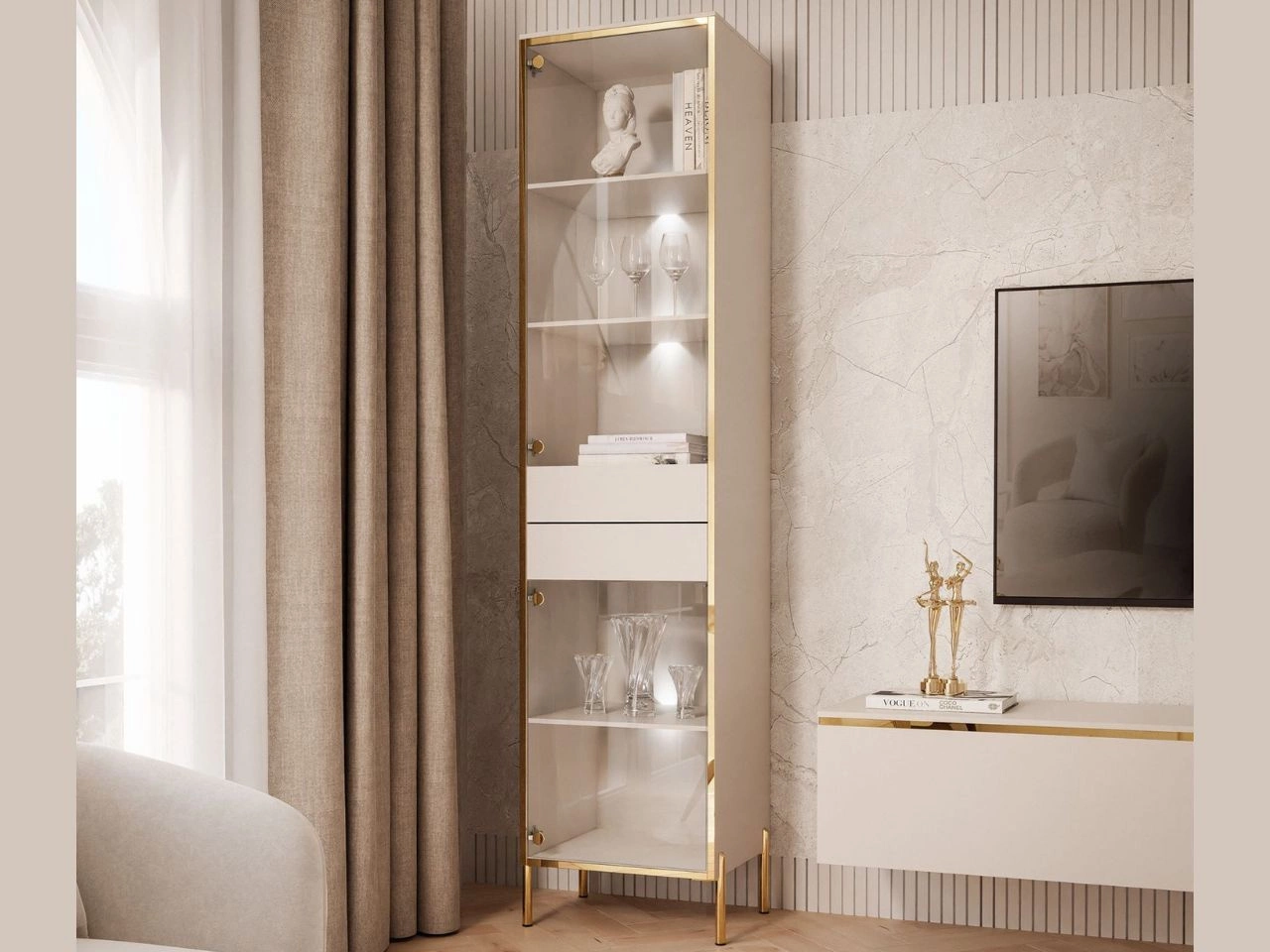 Witryna na złotych nogach szklana w stylu glamour z oświetleniem LED Evare kaszmir