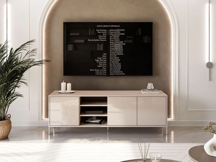 Szafka RTV glamour pod telewizor z drzwiczkami na srebrnych prostych nogach Vivance Kaszmir połysk