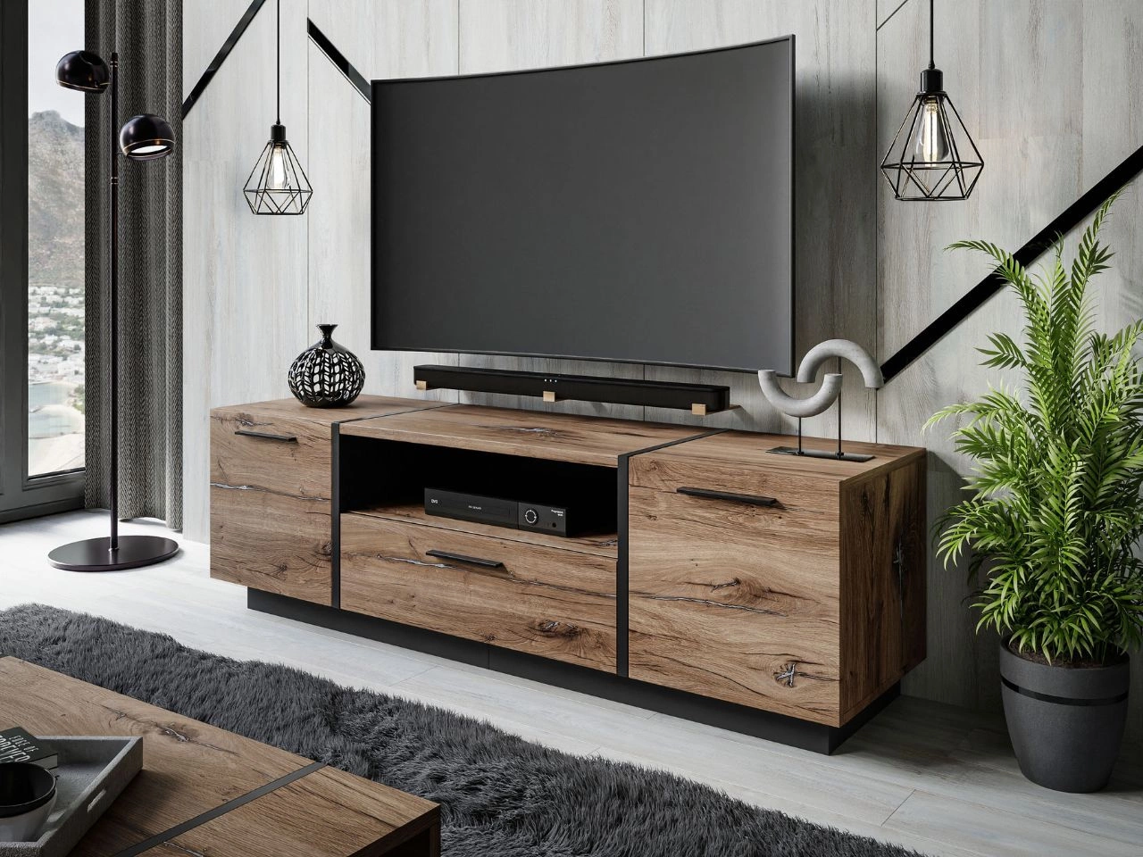 Szafka RTV w stylu loft z szafkami i szufladą Lunelie dąb Flagstaff