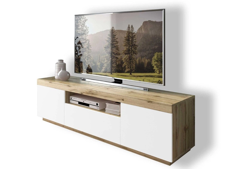 Szafka RTV pod telewizor z drzwiczkami i szufladą Asumi Biały i dąb wotan
