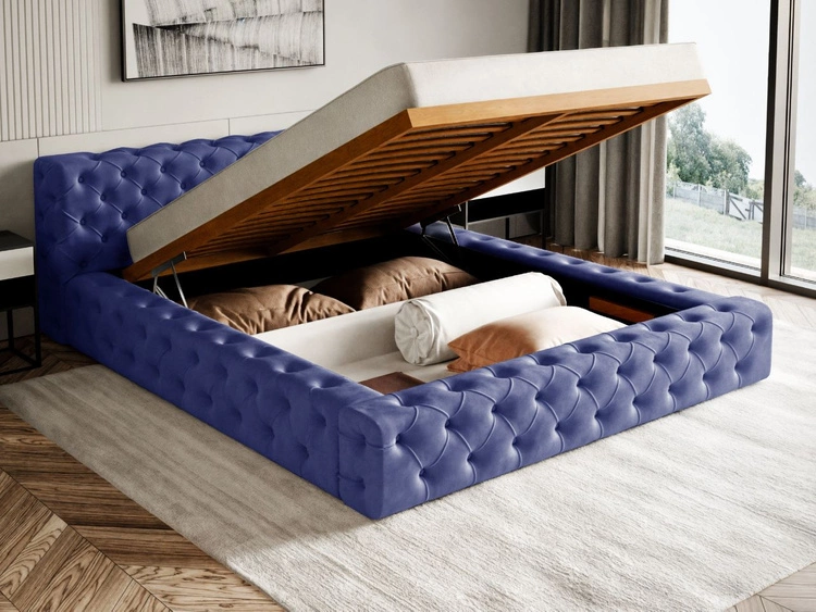 Łóżko tapicerowane z pojemnikiem i stelażem 160x200 cm Palini Ciemnoniebieskie