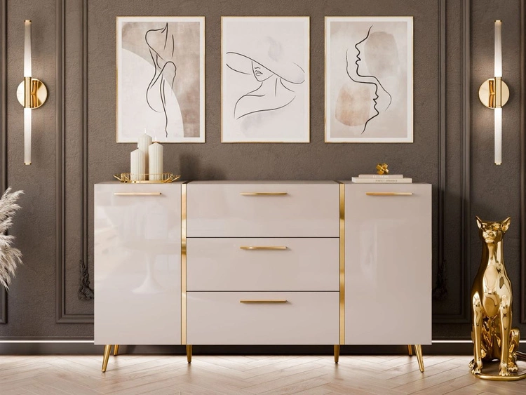 Dwudrzwiowa komoda 158 cm z trzema szufladami i złotymi uchwytami Lunelie kaszmir połysk