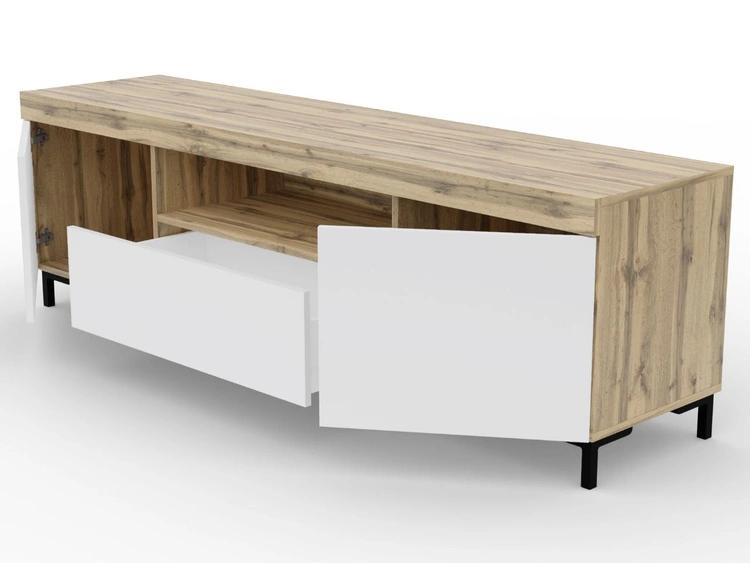Zestaw mebli do salonu - szafka RTV i komoda na czarnych nóżkach Asumi Biały i dąb wotan