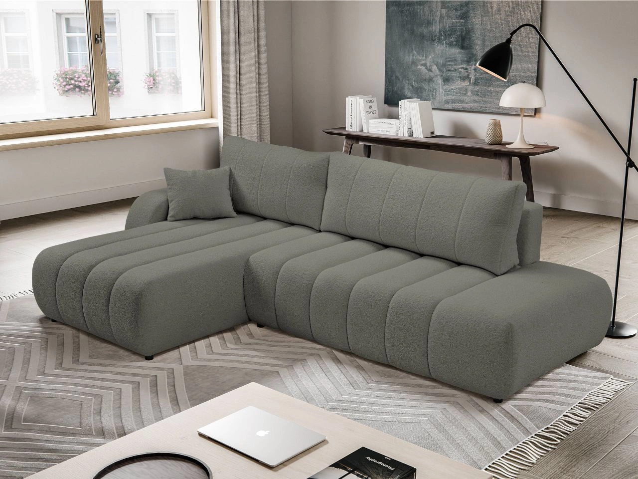 Narożnik z pojemnikiem i funkcją spania Prawy Adoro Szary