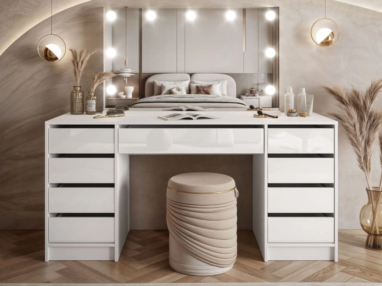 Toaletka szeroka z lustrem, szufladami i oświetleniem LED Melo Elite biały połysk