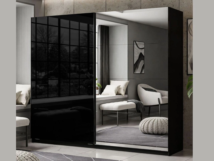 Szafa dwudrzwiowa z drzwiami przesuwnymi i lustrem 244 cm Nuveo Czarny połysk