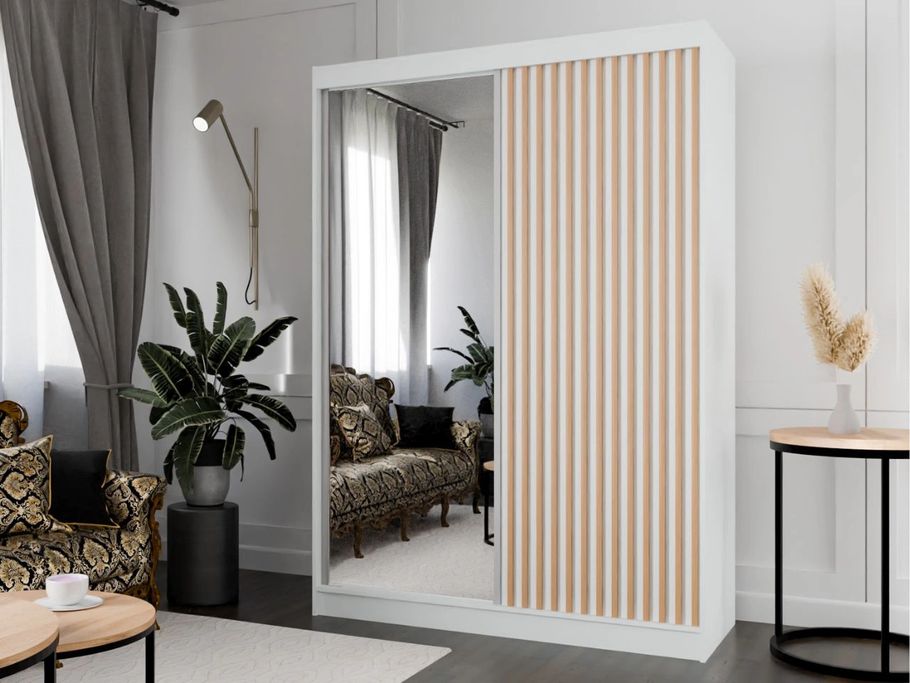 Szafa przesuwna z lustrem i lamelami 150 cm Loreto Biała